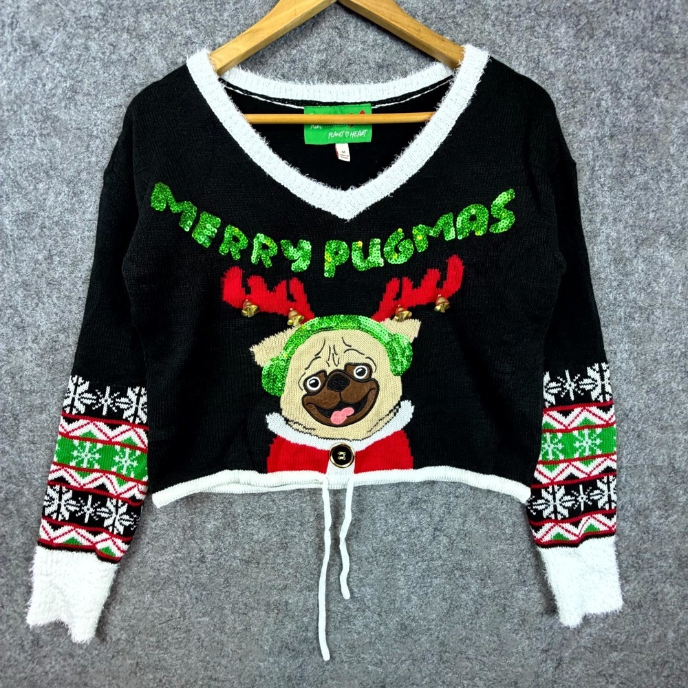 Planet Heart Merry Pugmas Cropped Ugly Christmas Sweater Drawstring Medium Pug